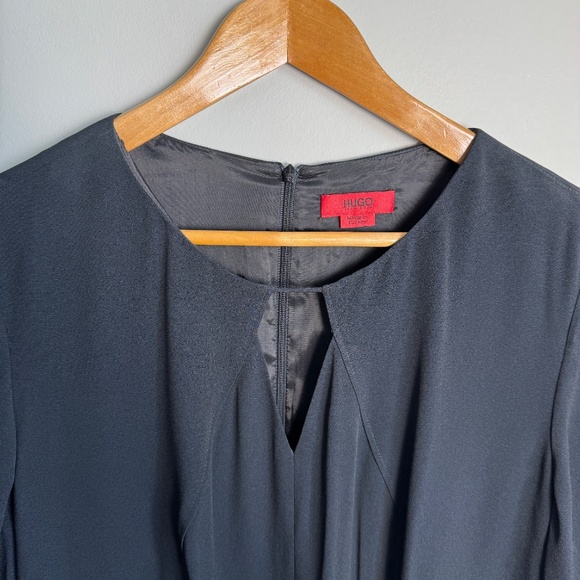 Hugo Boss 1/2 Sleeve Women's Cocktail Shift Midi Dress Black Size 12 Lined Zip - Picture 3 of 16